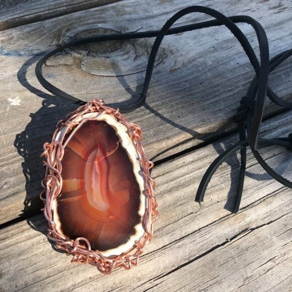 Pendant Agate Sard Copper Tribal Leather Carnelian Unisex Rustic Burning Man - Picture 9 of 10